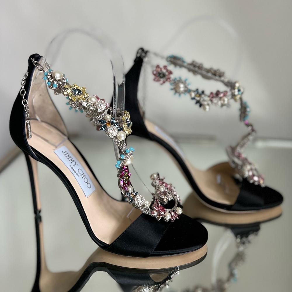 New JIMMY CHOO Reign 100 Satin Sandals With Camellia Mix Anklet $4,495 36 - Picture 10 of 16